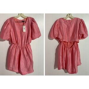 Vineyard Vines Dress 14 Cayman Pink Puff Sleeves Back Cutout Feminine Linen Silk